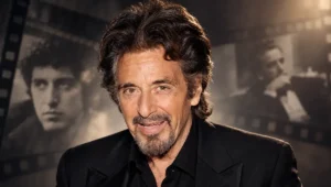 Al Pacino portrait with classic film scenes in the background